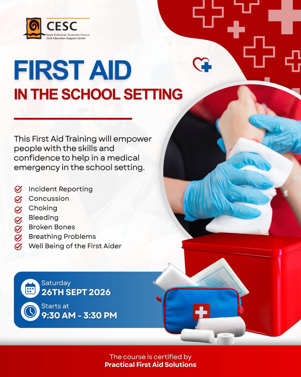 cork_cesc's tweet photo. 🚑 First Aid in the School Setting

📅 Sat 26 Sept | 9:30–3:30
📍 Cork Education Support Centre | €60 | Lunch included.
Trainer: Finbarr Barrett (ex-HSE EMT, 20yrs teaching First Aid)
Covers choking, bleeding, concussion, breathing problems &amp; more.
Book: https://t.co/KaBtiZLw77 https://t.co/ASm3niNBxy