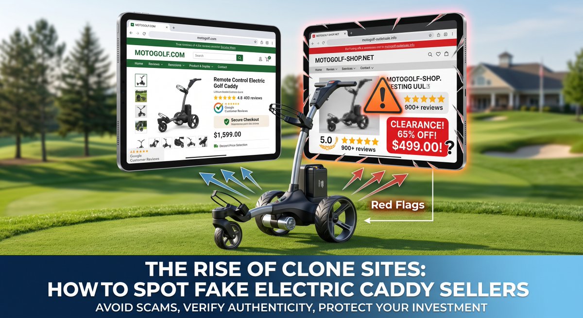 motogolfcom's tweet photo. ⚠️ SCAM ALERT: Don’t get hooked by fake golf caddy clone sites! 🏌️‍♂️⛳️If an electric caddy deal seems too good to be true, it’s a scam. Fraudulent copycat sites are mimicking authorized stores to steal your money and data. 4 Red Flags to Spot: Unreal Discounts: Premium $1,600+ caddies advertised for under $800. Lookalike URLs: Odd extensions like .info, -shop.net, or extra hyphens. Typos & Glitches: Misspelled menus, broken buttons, or cloned fake reviews. Shady Checkout: Unverified payment portals or requests for non-secure transfers. Protect your wallet—only buy directly from verified manufacturers or authorized dealers. Share this to warn your golf group! Check out our blog for more details: https://t.co/dq0aIgpfDj 📲 #ElectricCaddy #ConsumerAlert #ShopSafe #golfscam #golfgear