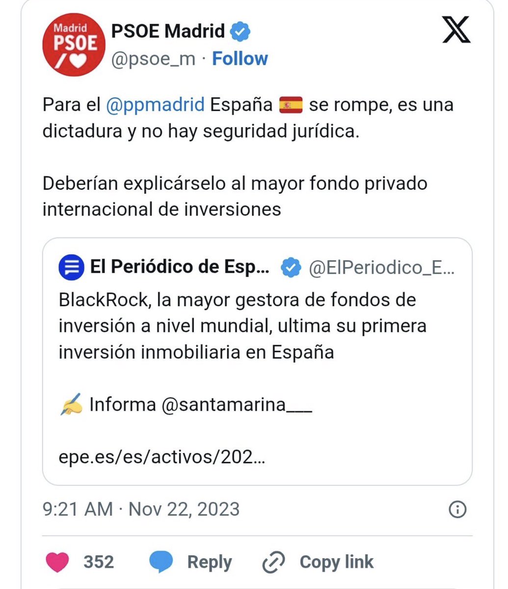 Paulafraga__'s tweet photo. Celebrasteis la llegada de BlackRock a España en varias ocasiones, impedisteis junto a PP, Vox y Junts la tramitación de una ley para prohibir la venta de pisos a fondos buitre. El PSOE de González eliminó los contratos de renta antigua. Tu partido lleva décadas vendiendo a la clase trabajadora. 

Jose, sin acritud, pero o lo asumes y por honestidad renuncias o date por no enterado para continuar sin culpa, pero al menos con la decencia de no mentir y vendernos cuentos a quienes sí defendemos políticas intervencionistas y de planificación económica.