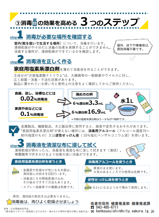 sakuragoyomi's tweet photo. 浸水後、まずやるべきことは消毒…ではないそうです。

#佐倉市 で、浸水したお家を片付け中の方へ。

市の案内では、最も大切なのは「清掃と乾燥」
泥や汚れが残ったままだと、消毒の効果を十分に得られないとのことです。

片付けの順番は
①泥・汚れや不要なものを取り除く
②水で洗う・拭き取る
③しっかり乾かす
④必要な場所を消毒する

また、佐倉市では希望者への消毒薬の配布や、床上浸水した住居内の消毒作業も行うとのことです。
※市の消毒作業は、清掃・乾燥が済んでいることが条件とのこと。

お近くで片付けをしている方がいたら、伝えてあげてください。
#佐倉市