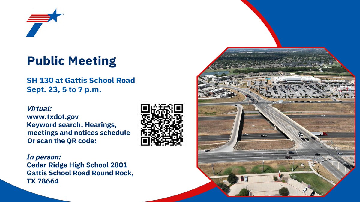 TxDOTAustin's tweet photo. TONIGHT: TxDOT is hosting a public meeting for the SH 130 at Gattis School Road project. TxDOT plans to reconfigure the intersection into a diverging diamond interchange.
See details for the in-person and virtual options below. Hope to see you there! #txdot #pflugerville #wilco https://t.co/ITNi41vxcD