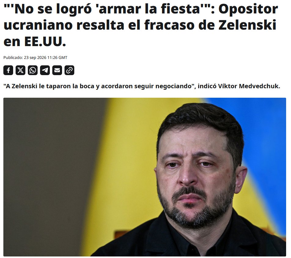 ActualidadRT's tweet photo. ❌Zelenski fracasó en su reciente visita a EE.UU. en el marco de la Asamblea General de la ONU, al no conseguir el apoyo que buscaba de Washington, afirmó el exlíder del partido ucraniano Plataforma  Opositora - Por la Vida (prohibido por el régimen de Kiev) Víktor Medvedchuk https://t.co/L5TzO3OiCR