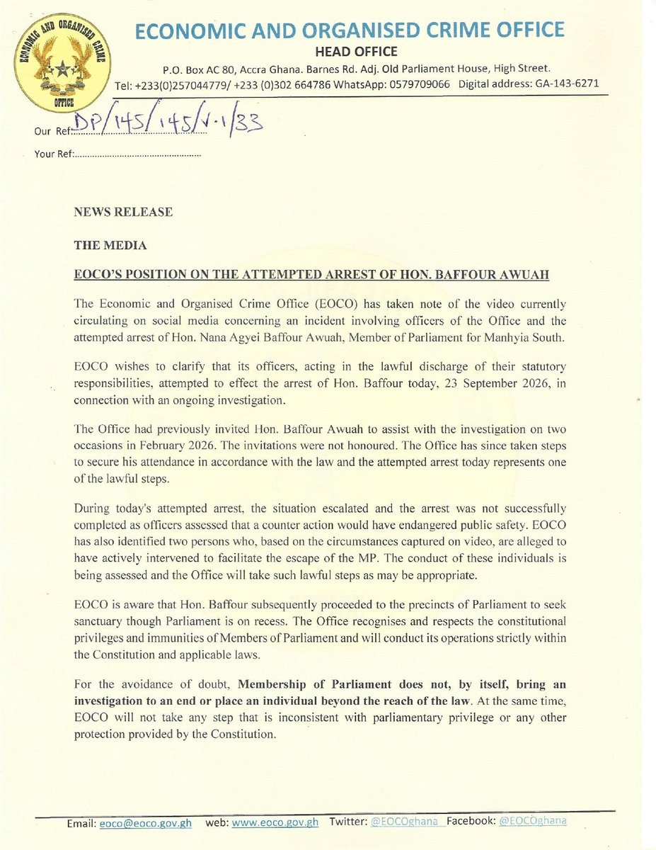 Eyewitnessgh's tweet photo. JUST IN: EOCO BREAKS SILENCE ON ATTEMPTED ARREST OF MANHYIA SOUTH MP, NANA AGYEI BAFFOUR AWUAH

#EyewitnessGh #EOCO https://t.co/vSbftx2Qfe