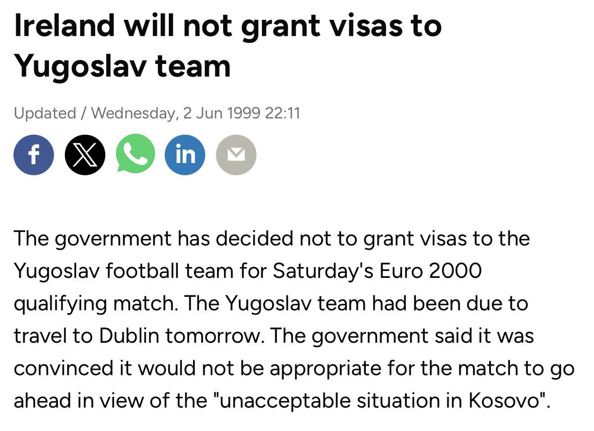 FootballKosovo's tweet photo. DID YOU KNOW:

In 1999, Ireland refused Yugoslavia’s team entry to Dublin, preventing their match in protest against the Serbian regime’s crimes in Kosovo. 

We will never forget your solidarity. Much love &amp; respect to the Irish people — you’ll always be welcome in Kosovo! ❤️🇮🇪🇽🇰 https://t.co/wtPgLDWs5P