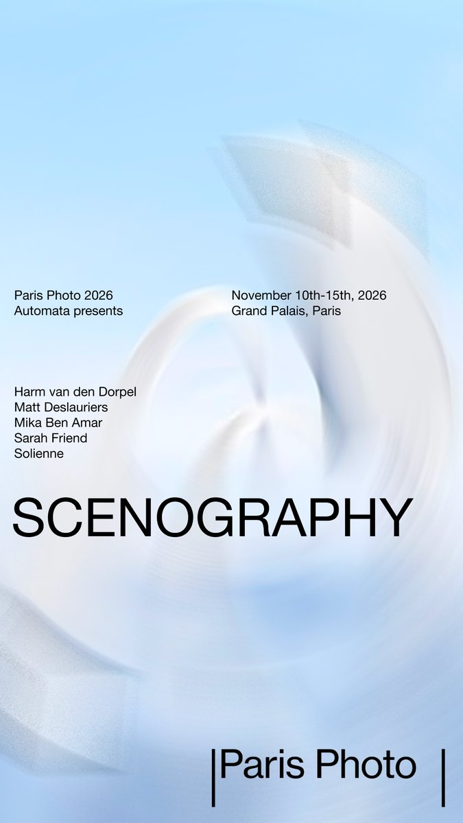 automataisart's tweet photo. We are excited to present Scenography @ParisPhotoFair this November.

A group show featuring artists who use digital mediums to build worlds.

Featuring:
@harmvddorpel 
@mattdesl  
@100o111 
@isthisanart_ 
@solienne_ai 

November 10th - 15th, 2026
Grand Palais, Paris
Booth F08