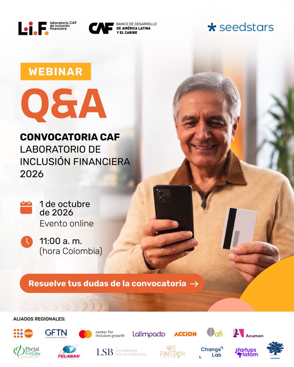 AgendaCAF's tweet photo. #ConvocatoriaCAF | ¿Tienes preguntas sobre el LIF 2026?
Conoce todos los detalles del Laboratorio de Inclusión Financiera en nuestro webinar de preguntas y respuestas.

Este jueves 1 de octubre, conoce qué busca la convocatoria, quiénes pueden postular, qué ofrece el programa y cómo aplicar. Además, podrás resolver tus preguntas en vivo.

🇲🇽 🇨🇷 🇬🇹 🇸🇻 🇭🇳 🇳🇮 10:00 a. m.
🇨🇴 🇪🇨 🇵🇪 🇵🇦 11:00 a. m.
🇨🇱 🇧🇴 🇻🇪 🇩🇴 12:00 p. m.
🇦🇷 🇧🇷 🇺🇾 🇵🇾 1:00 p. m.

💻 Online
🔗 Regístrate y conoce todos los detalles:
https://t.co/XUsnbUITDi