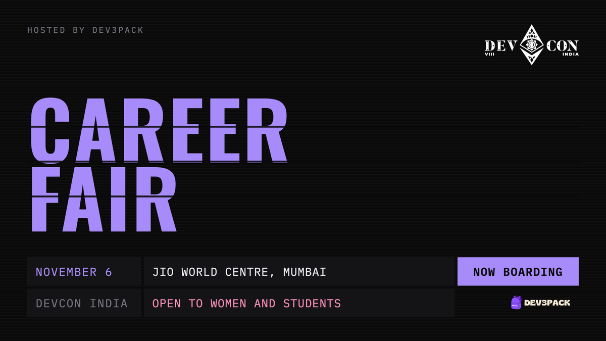 dev3pack's tweet photo. Devcon Career Fair 🇮🇳

Looking for your next opportunity in the Ethereum ecosystem? Get hired at @EFDevcon

📍 Jio World Centre, Mumbai
🗓️ November 6
🎟️ Devcon ticket required (discount for approved participants)

Apply now 👇
https://t.co/F0qeeAQPlU https://t.co/XJ8gGT7XBI