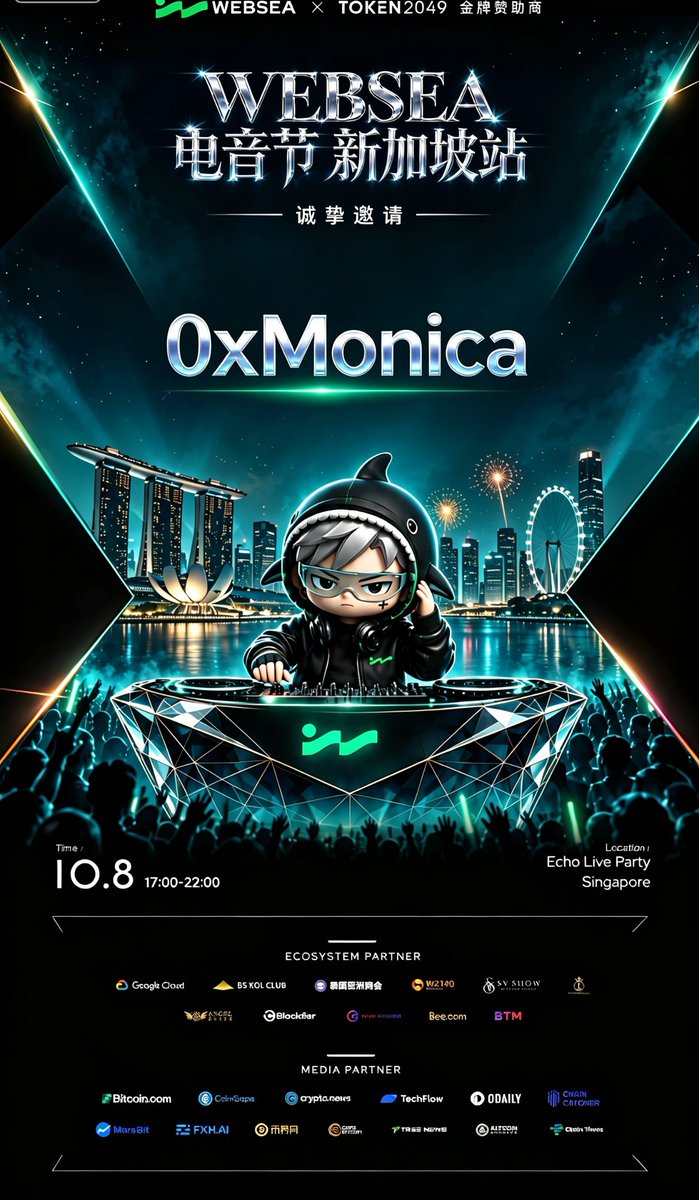 Monica_ETHHH's tweet photo. 🎧 去 TOKEN2049 的朋友，电音派对安排上！

受 @Websea_CN 邀请，给大家推荐这场 Web3 电音节！大会金牌赞助商 Websea 组局，来听电音、认识同频朋友👇

🗓 10月8日 17:00–22:00（UTC+8）
📍 Echo Live Party · 新加坡
🎟 报名：[https://t.co/lMqjbTXsA5]

#Websea #TOKEN2049 https://t.co/honstHahE9