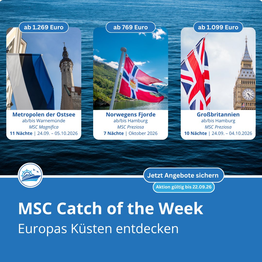 CruisifyDE's tweet photo. ⚓️ MSC Catch of the Week: Nordeuropa ab Deutschland jetzt bis zu 35% reduziert

👉 Buche jetzt dein Traumabenteuer: https://t.co/GLN6s8qcly

🌊 Das Aktuelle Angebot:
MSC reduziert sehr viele Abfahrten Nordeuropa ab Deutschland zum Spitzenpreis! 

#msccruises #kreuzfahrt https://t.co/dZEp2WrOy9