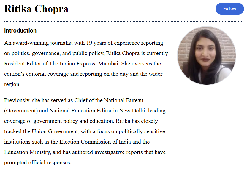 rightwing_pov's tweet photo. Exposing Hipocrasy Of : Indian Express & Ritika Chopra

There is an interesting omission in today’s reporting on Election Commissioner Sukhbir Singh Sandhu.

Why @RitikaChopra__

The profile lays out his bureaucratic career in detail, Chief Secretary of Uttarakhand, NHAI Chairman, Secretary to the Lokpal, district postings, and more, but leaves out one particularly relevant chapter: his stint as Additional Secretary, Department of Higher Education, Government of India.

That omission is difficult to square with the available record. Official government and IIT records identify Sandhu as Additional Secretary (Technical Education), Department of Higher Education, including his role on IIT governing and finance bodies. PIB also records that he held the Higher Education post before becoming NHAI Chairman.

Now look at the reporter’s own professional background.

@RitikaChopra__ was previously the National Education Editor and Chief of the National Bureau, Government, at The Indian Express, with responsibility for reporting on government policy and education. Her profile specifically says she previously tracked the Education Ministry and now Election Commission.

And today, she is reporting extensively on Sandhu in his role as Election Commissioner.

So the question is not whether Sandhu worked in Higher Education. The documentary record establishes that.

The question is why a journalist whose professional beat specifically included the Education Ministry would leave that chapter out while presenting his background today.

As for any claim that Chopra deliberately cultivated Sandhu as a source, that would require evidence beyond the screenshots. But the omission itself is fair to question.

If the full history matters when assessing a public official, it should not become inconvenient when that history changes the context of today’s story.