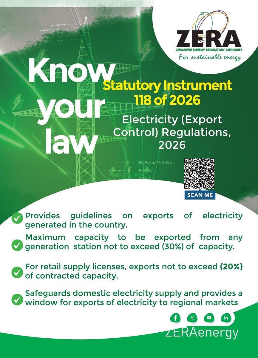 zeraenergy's tweet photo. We kick off our new awareness series with SI 118 of 2026 – Electricity (Export Control) Regulations.
The regulation safeguards local electricity supply while providing a framework for electricity exports.
#KnowYourLaw
#SI_118_2026 https://t.co/62ftPrDBPs