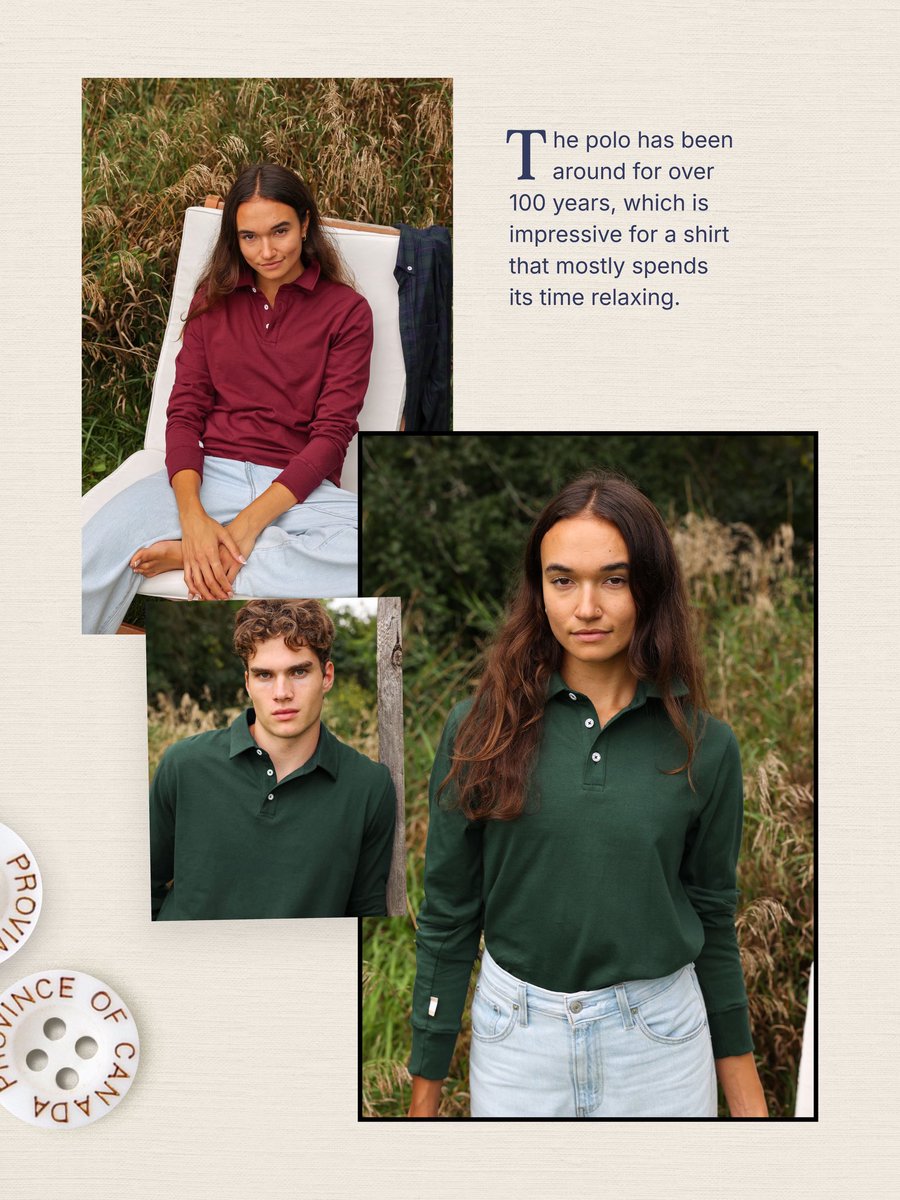 ProvinceCanada's tweet photo. 🌾New: Long Sleeve Polo Shirts. Inspired by vintage cotton polos that only improve with age, our made in Canada, 100% cotton version is easygoing from day one and somehow gets even better after a few trips through the wash. https://t.co/AghLpTTCV0 https://t.co/YHutndsbqw