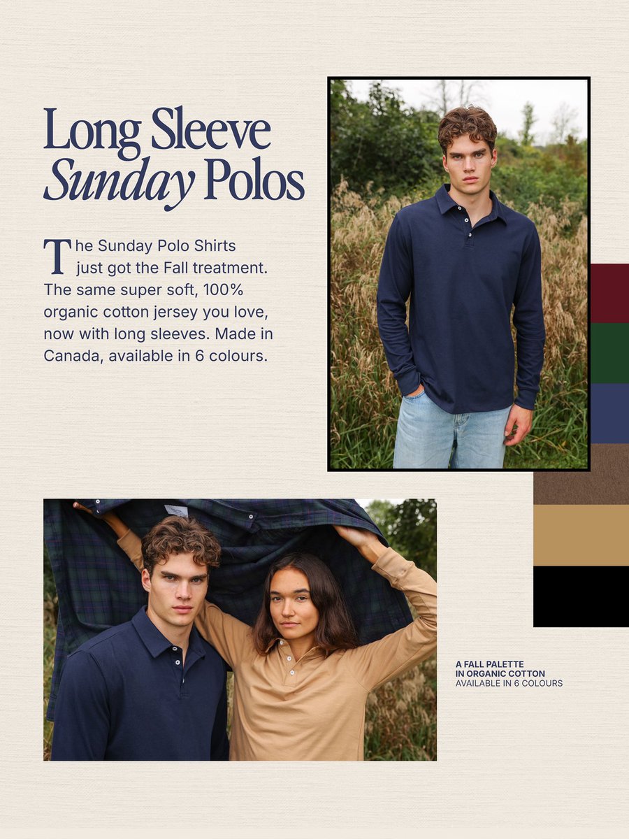 ProvinceCanada's tweet photo. 🌾New: Long Sleeve Polo Shirts. Inspired by vintage cotton polos that only improve with age, our made in Canada, 100% cotton version is easygoing from day one and somehow gets even better after a few trips through the wash. https://t.co/AghLpTTCV0 https://t.co/YHutndsbqw