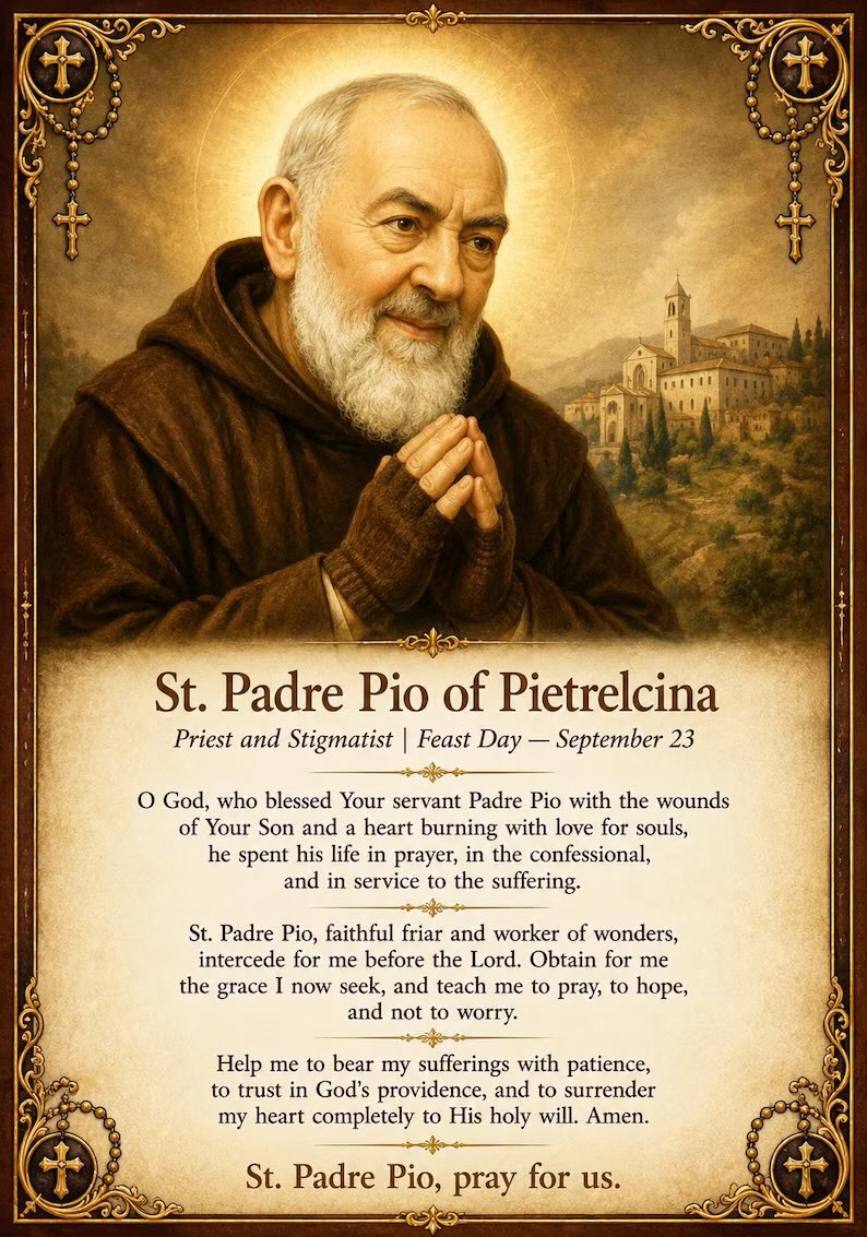 dchiego's tweet photo. Today the Catholic Church celebrates the Feast of Padre Pio. Saint Padre Pio is the official patron saint of civil defense volunteers, adolescents, and his hometown of Pietrelcina, Italy. “Pray, Hope, and, Don’t Worry”. Pray for us, Padre Pio.” 🙏✝️ https://t.co/5iOBeTgr5W