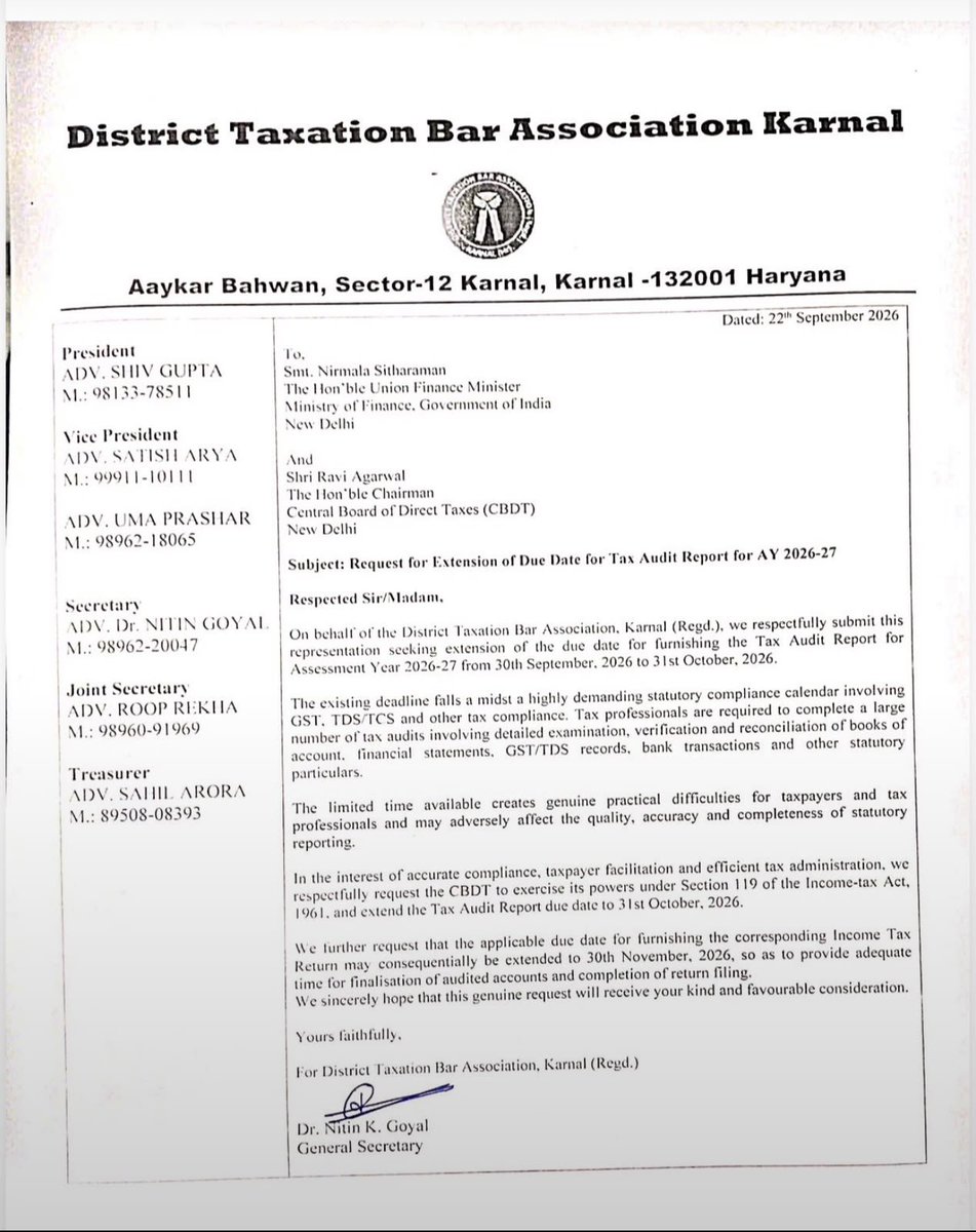 akhilpachori's tweet photo. Representation by District Tax Bar Association, Karnal for #taxaudits due date extenstion

#Extend_TAR https://t.co/ODY8JP0JZw