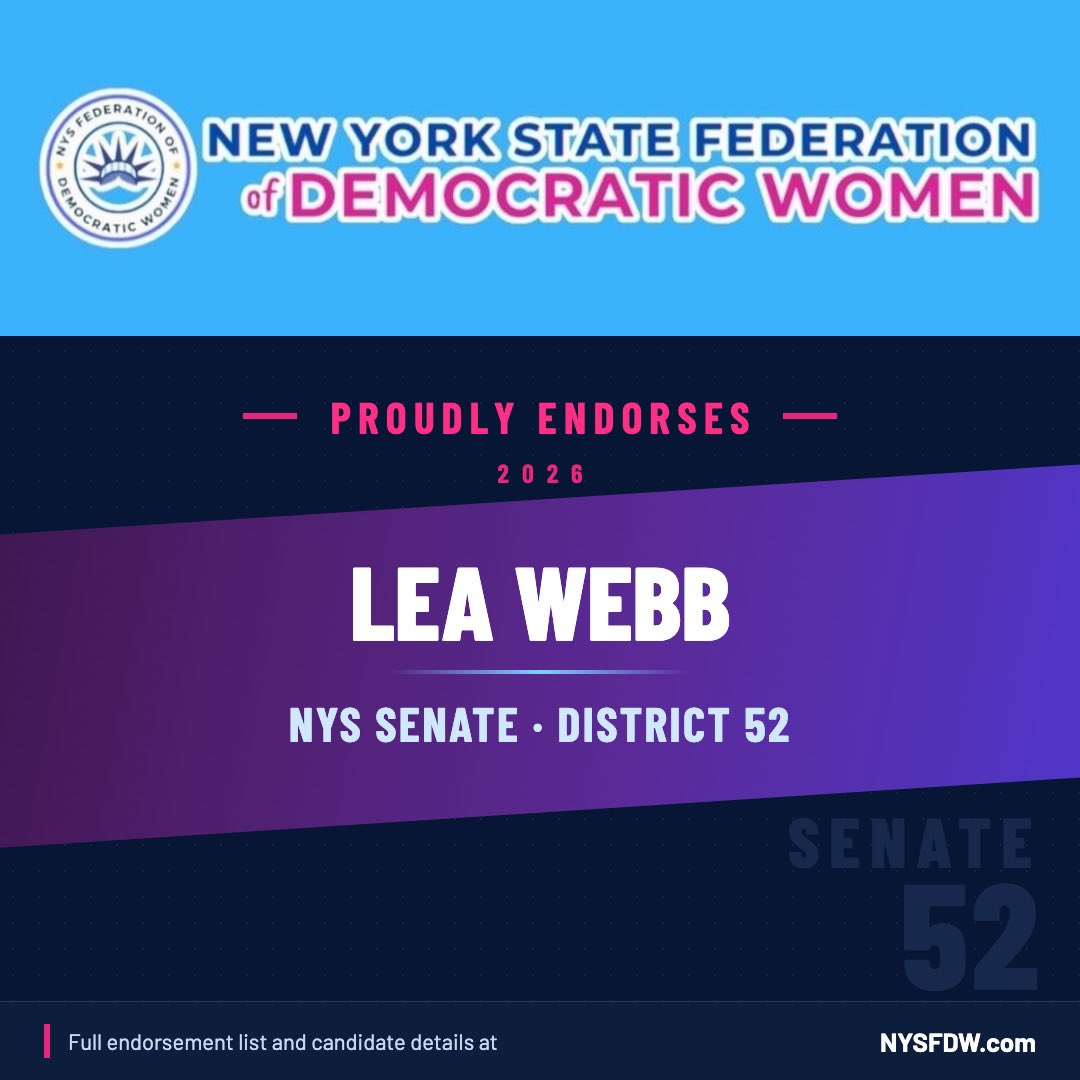 leawebbforny's tweet photo. I’m grateful to receive the endorsement of the New York State Democratic Federation of Women.

Thank you to the members of the Federation for your support and for the work you do to strengthen women’s participation in civic and political life across New York State. https://t.co/6mhJ1YUt01