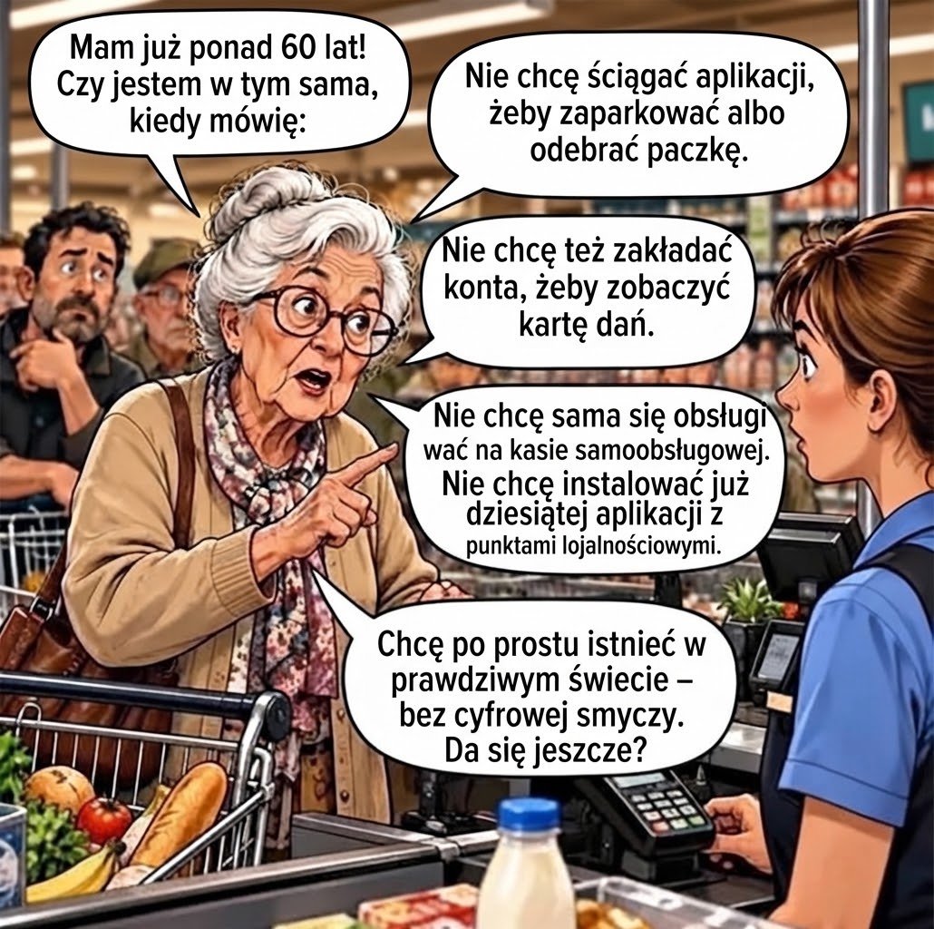 Aleksan94914355's tweet photo. Dokładnie! I wcale nie trzeba być w wieku tej pani, żeby mieć serdecznie dość tego cyfrowego zniewolenia, życia na smyczy aplikacji i kodów QR na każdym kroku. https://t.co/6jMn9Qyarv