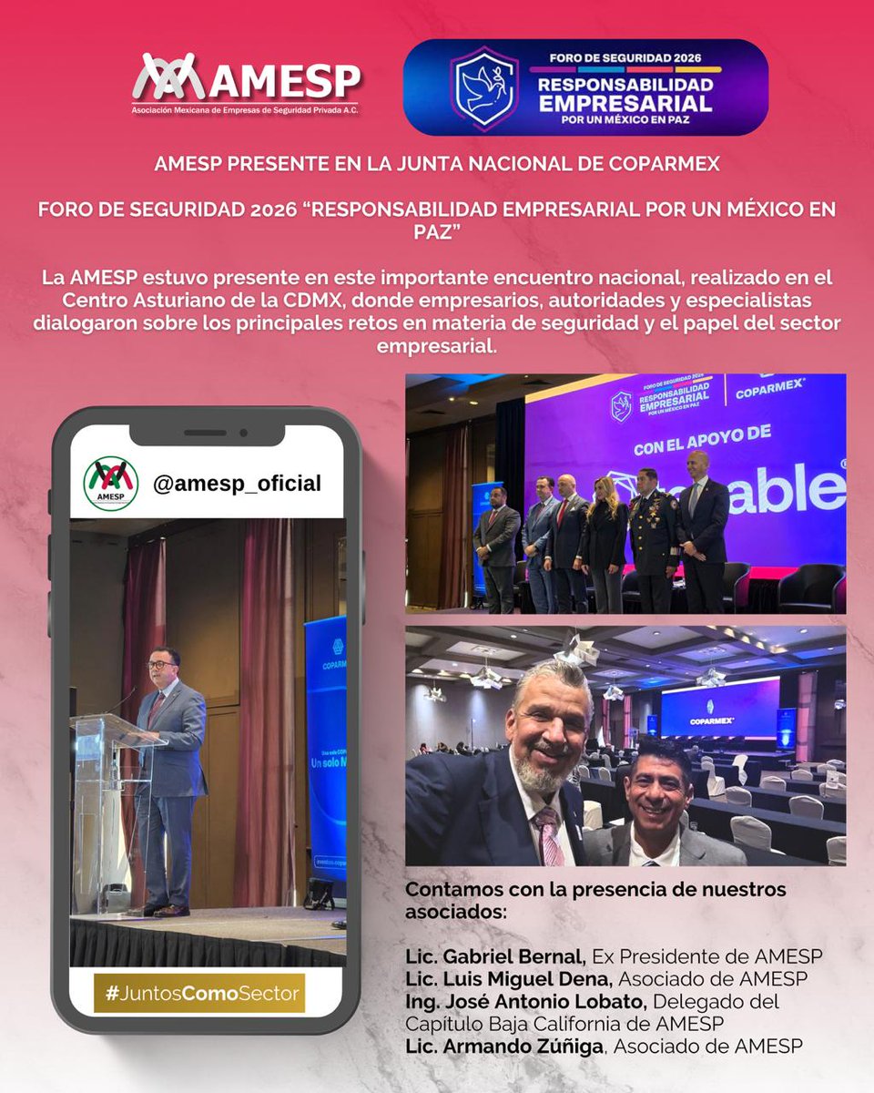 AMESP_oficial's tweet photo. AMESP PRESENTE EN LA JUNTA NACIONAL DE COPARMEX.

#AMESP #SeguridadPrivada #COPARMEX #ForoDeSeguridad2026 #México https://t.co/jFFYQ2PpsG