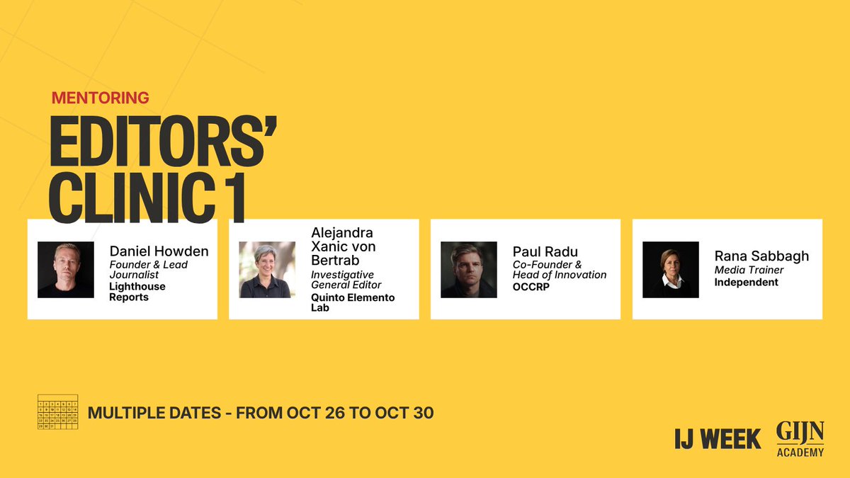 gijnAfrica's tweet photo. Pitch a Story to a Veteran Editor at GIJN's #IJ Week!!

Scheduled for October 26, IJ WEEK's Editors’ Clinics give participants a rare chance to sit down one-on-one with a veteran editor to pitch a story, workshop an idea, or get career advice.

Register 👉 https://t.co/PjeRN1BXEr https://t.co/3YgsKfl3d1