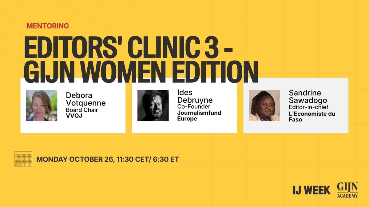 gijnAfrica's tweet photo. Pitch a Story to a Veteran Editor at GIJN's #IJ Week!!

Scheduled for October 26, IJ WEEK's Editors’ Clinics give participants a rare chance to sit down one-on-one with a veteran editor to pitch a story, workshop an idea, or get career advice.

Register 👉 https://t.co/PjeRN1BXEr https://t.co/3YgsKfl3d1