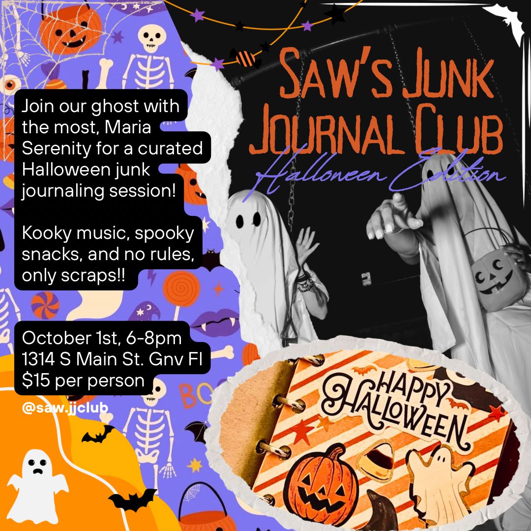 comicsworkshop's tweet photo. Join us for a curated Halloween junk journaling session hosted by GNV local,  Maria Serenity!

Kooky music, spooky snacks, and no rules, only scraps!!

Scraps and supplies provided. No experience necessary! Next one: October 1

https://t.co/JvBko0tfdu https://t.co/H7cQ1A3daN