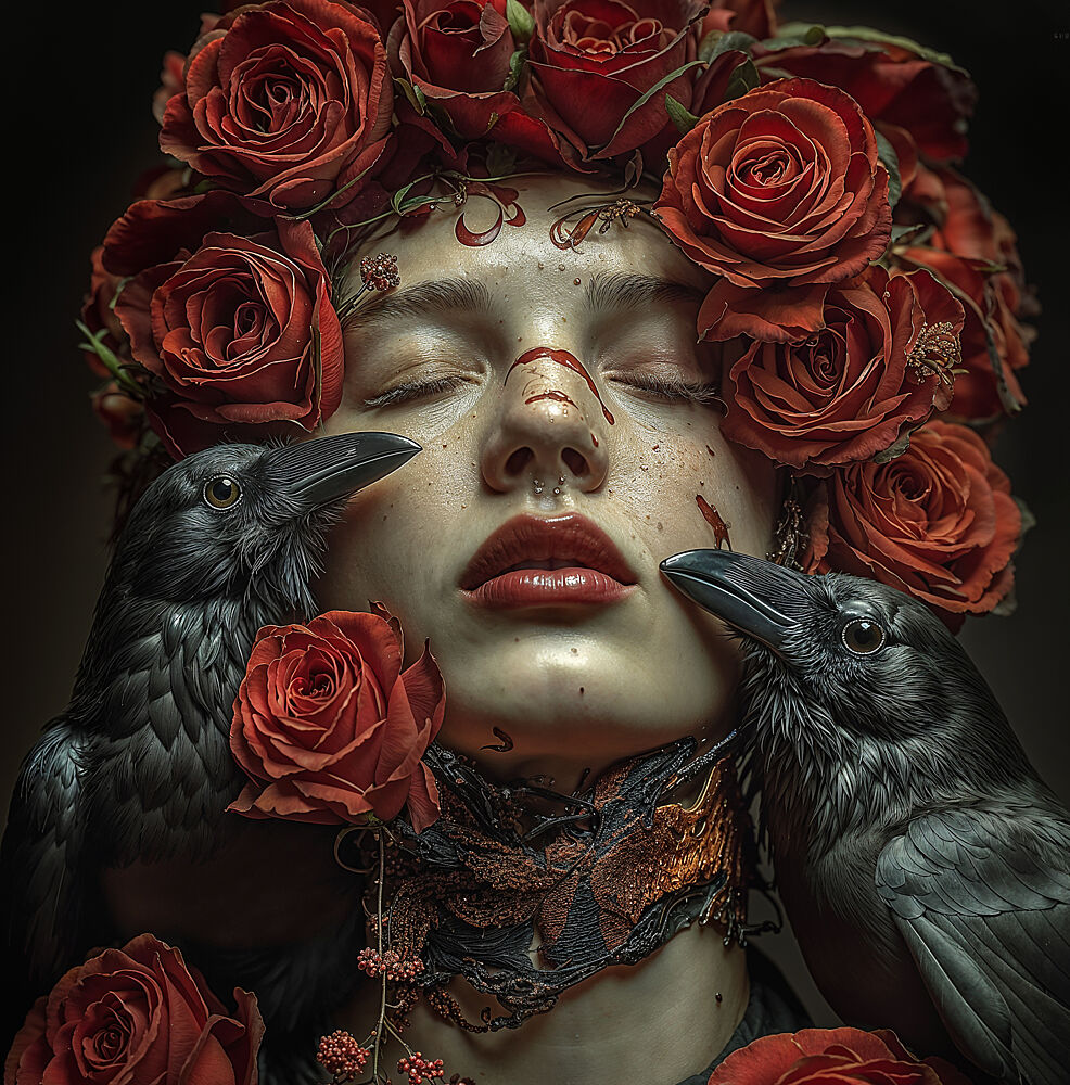 artgalore's tweet photo. "Woman with Rose Crows" by DDiArte. Dark, romantic, a little gothic, for a room that wants some drama.

https://t.co/0f9BLuQ148 https://t.co/noDajT54n4