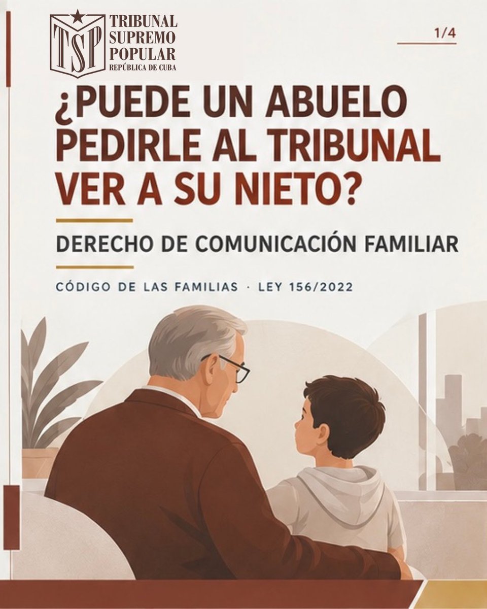 TSupremoCU's tweet photo. ¿Un abuelo puede pedir ver a su nieto?
Sí 👴👦
El Código de las Familias lo reconoce: oral, escrita, presencial o tecnológica.
El tribunal puede limitarlo si afecta el interés superior del menor.
@Oscar_CubaTSP 
#DerechoDeFamilia #Cuba https://t.co/3EuF5LBGkr