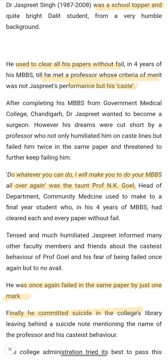 aman_ganvir's tweet photo. Jaspreet Singh, a Dalit medical student, was FAILED twice in the same subject. He alleged caste discrimination, later confirmed by an inquiry.

After his suicide, NCSC got 3 external examiners re-evaluate his paper &amp; found he had PASSED. https://t.co/fv8JYMjsw2