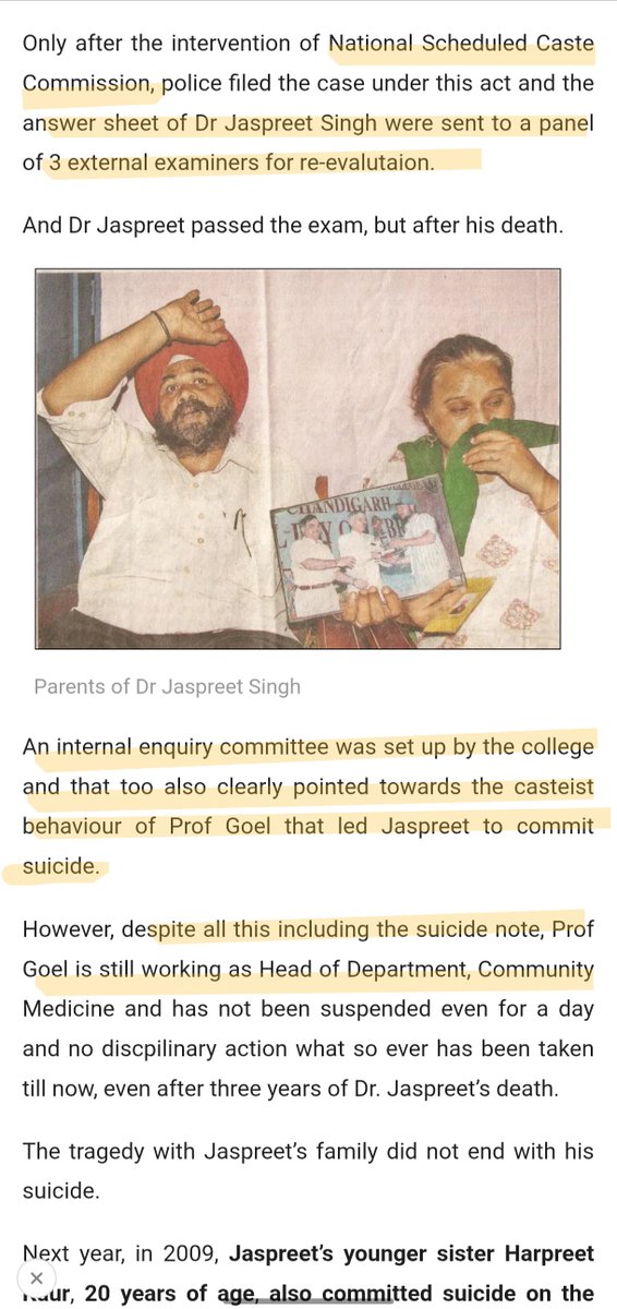 aman_ganvir's tweet photo. Jaspreet Singh, a Dalit medical student, was FAILED twice in the same subject. He alleged caste discrimination, later confirmed by an inquiry.

After his suicide, NCSC got 3 external examiners re-evaluate his paper &amp; found he had PASSED. https://t.co/fv8JYMjsw2