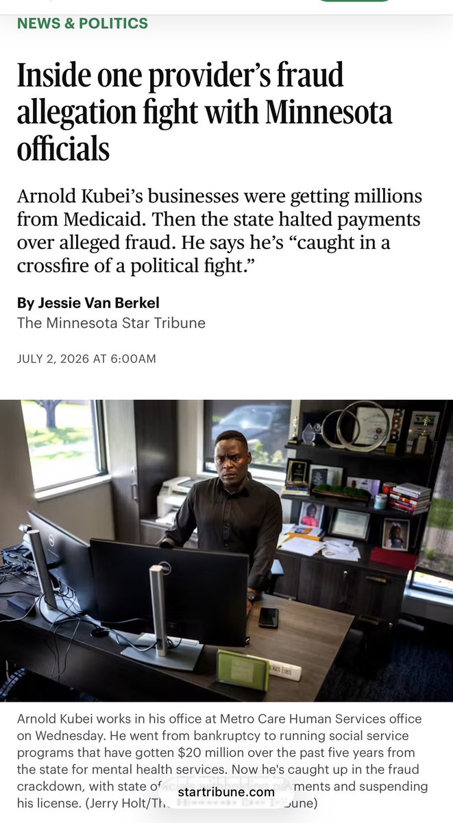 lizcollin's tweet photo. As Minnesota moves to cut off Medicaid payments to Arnold Kubei's remaining health care operations, let’s look at how local “reporters” have framed this story.

Just two of Kubei’s healthcare companies collected $36 million in taxpayer-funded payments. The state is working to cut off three more. 

👀 👀
