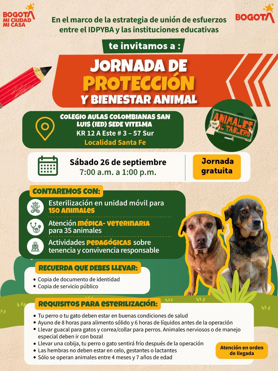 AnimalesBOG's tweet photo. 🐾 ¡Santa Fe, nos vemos este sábado 26 de septiembre!

Tendremos jornada gratuita de protección y bienestar animal con esterilización, atención médico-veterinaria y actividades pedagógicas. 💚

📍 Colegio Aulas Colombianas San Luis
🕖 7:00 a. m.
📌 Atención en orden de llegada. https://t.co/xW8ddsGbWh