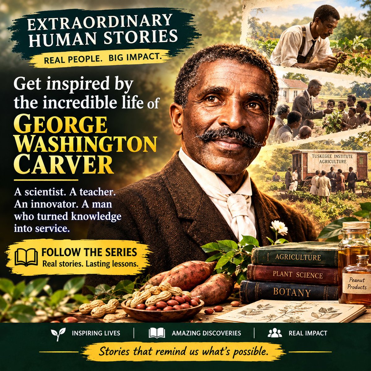 Aumkrishnanayan's tweet photo. What if the greatest discoveries were hidden in ordinary things? 🌱
Discover the extraordinary life of George Washington Carver—a scientist, teacher, and innovator who turned curiosity into service. https://t.co/BIWXX90iLa https://t.co/SS1ruFqpZ2