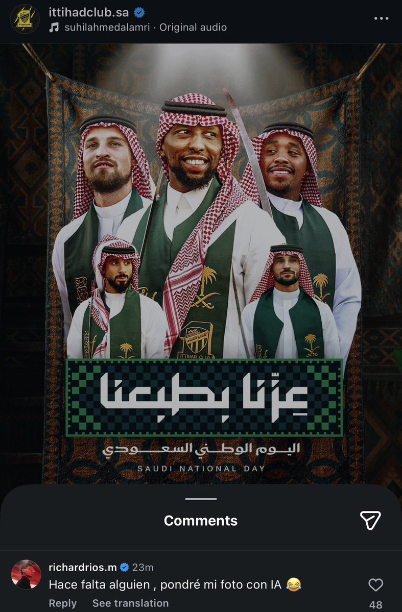 IttiMania's tweet photo. 🚨🚨🚨 ريتشارد ريوس ردًا على تصميم المركز الاعلامي بمناسبة اليوم الوطني:

ينقصنا شخص، سأضع صورتي بالذكاء الاصطناعي 😂 https://t.co/ZfsVlOFL3L