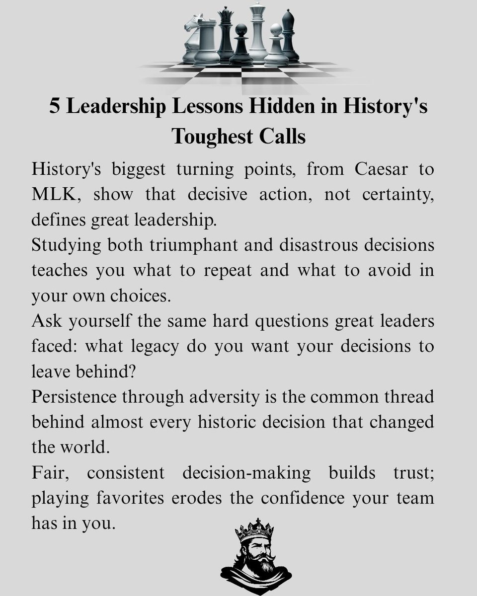 BOOKSUMMARY85's tweet photo. Julius Caesar crossing the Rubicon. A general's fatal call at Little Bighorn. History's biggest moments all came down to one decision. 👇
How Leaders Decide by Greg Bustin
#Leadership #DecisionMaking https://t.co/tFQeWgwA9P