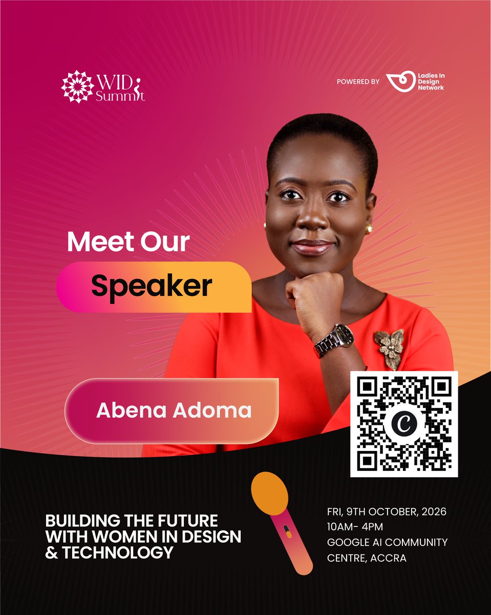 Lidn__'s tweet photo. Meet Abena Adoma
Weβre excited to have Abena Adoma joining us as a Speaker at #WIDS2026!
π Friday, 9th October 2026
β° 10AM β 4PM
π Google AI Community Centre, Accra
#WIDS2026 #WomenInDesignSummit #LadiesInDesignNetwork #WomenInDesign https://t.co/GjEFOw3RHP