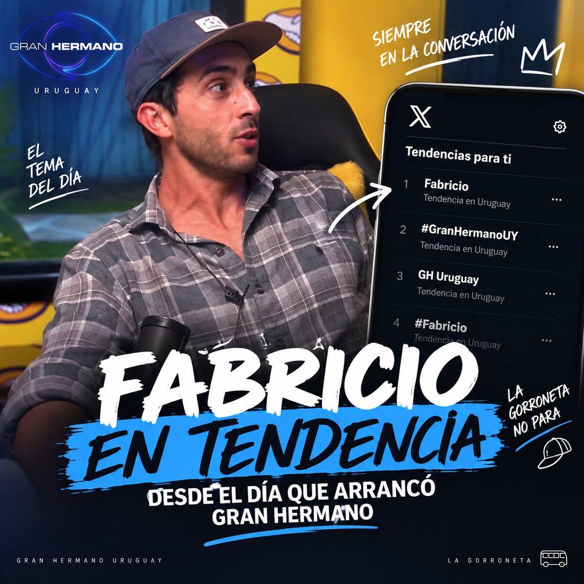 Gorroneta's tweet photo. Desde que arrancó #GranHermanoUY, Fabricio está TODOS LOS DÍAS en tendencias de X. 🧢🔥

Algo está  haciendo bien el muchacho… 👀

LA #GORRONETA ESTÁ EN MARCHA. 🚍💨 #GHUY https://t.co/nO4wUSHUnG