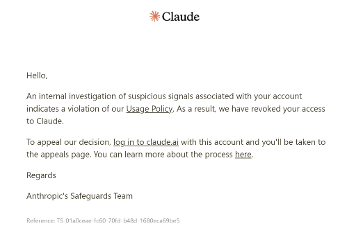 BrianWesley0711's tweet photo. My Claude account is banned. Just appealed the suspension. Hope I'll get my account back. https://t.co/4Mzxju8zlJ