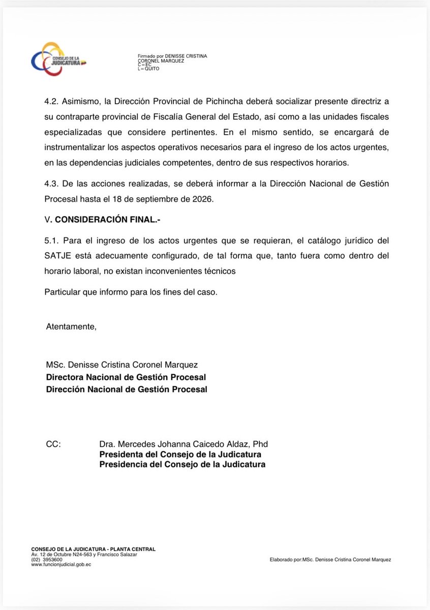 zambranogise06's tweet photo. La Res. 187-2026 olvidó los actos urgentes (vigilancias, seguimientos, interceptaciones, allanamientos, detenciones, incautaciones sin audiencia y otros derivados del 230.1) Con DIRECTRIZ 2026-032 del 17 de septiembre 2026 la Dirección Nacional de Gestión Procesal CJ escinde las competencias respecto a los actos urgentes presentados por Fiscalía en materia de corrupción y crimen organizado: 1) la Unidad de Garantías Penales de la parroquia Iñaquito, conocerá los actos urgentes presentados de lunes a viernes, de 08h00 a 17h00. 2) la Unidad de Garantías Penales con competencia en infracciones flagrantes de la parroquia Mariscal Sucre, conocerá los actos urgentes de 17h01 a 07h59 y los que se presenten en fines de semana y feriados. Aquí las preguntas de rigor: Se consideraron las competencias privativas del Art.230.1 COFJ, la sentencia vinculante 9-22-IN/22 de la Corte Constitucional y la Res. 07-2023 de la Corte Nacional? La ley permite esta escisión no considerada siquiera en la Res. 187-2026 CJ? Leo los razonamientos jurídicos 👇🏻