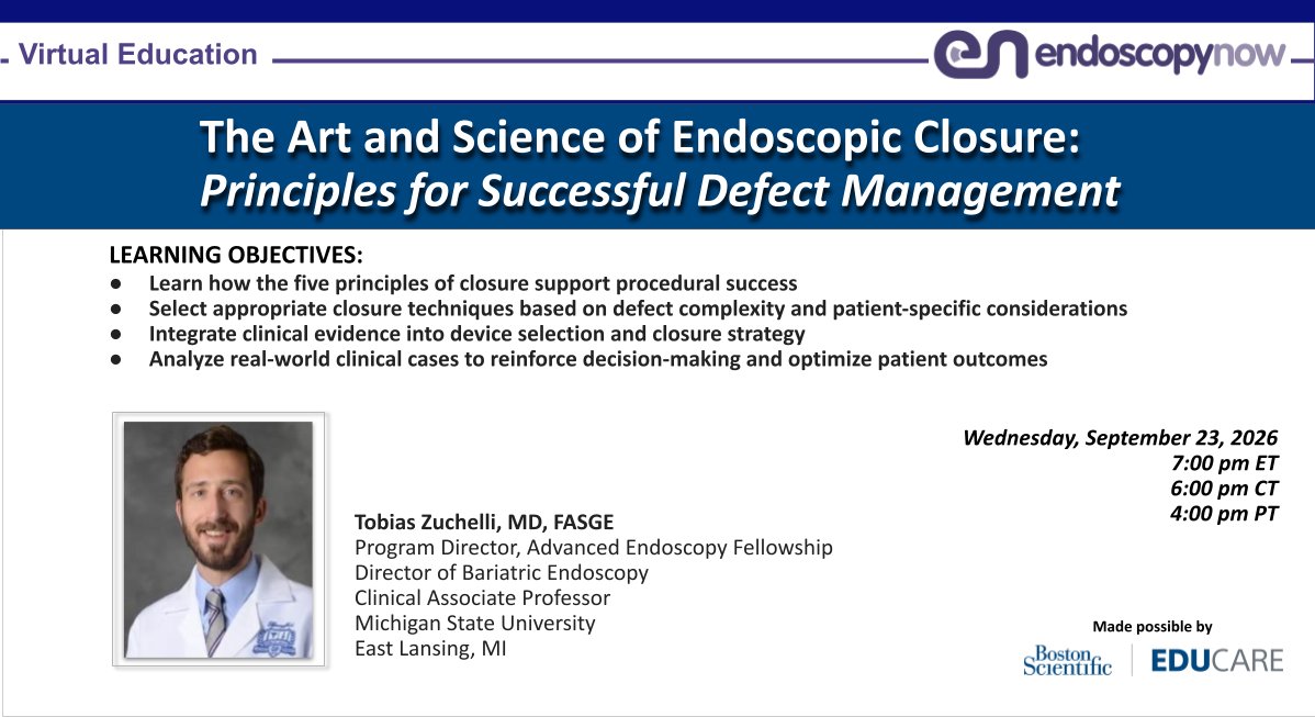 EndoscopyNow's tweet photo. [TODAY at 7 pm ET] Endoscopic Closure &amp; Successful Defect Management.
REGISTER on the EndoscopyNow app: ➡️https://t.co/zGMrlaqis5
Sign up on Zoom: ➡️https://t.co/zbu7DzrKHR
@bsc_endoscopy @bostonsci #Gastroenterology #GIEndoscopy #GIFellows #GINurses #GITwitter #GIMed #MedTwitter https://t.co/l07WYMxEns