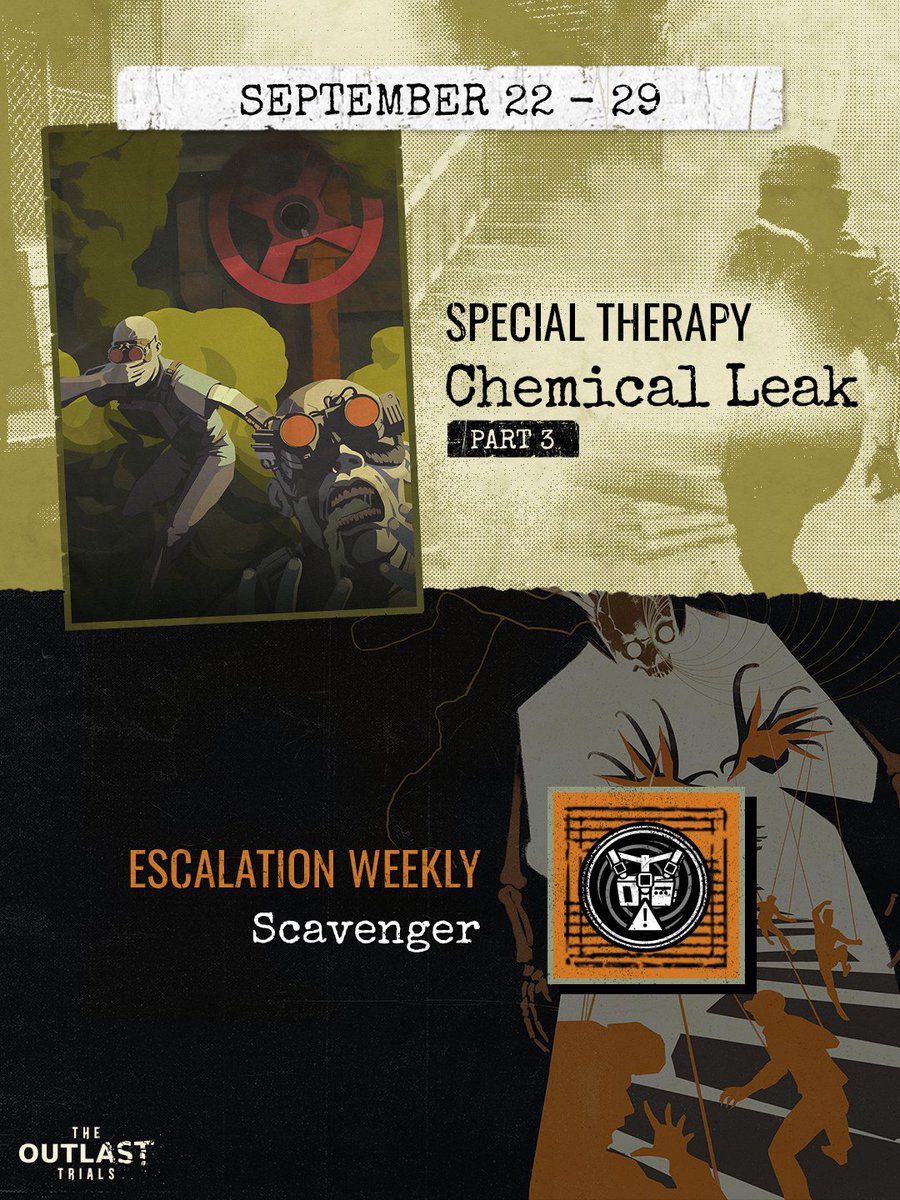 TheRedBarrels's tweet photo. Chemical Leak part 3 begins in #TheOutlastTrials ☣️ Try to Scavenge through an Escalation run this week and prove that you are better than your tools! You'll enter the Trials with nothing and salvage Unstable, single-use Rigs from fallen Reagents throughout.  
__________  

Partie 3 de la Fuite chimique commence dans #OutlastTrials ☣️ Essayez de piller au cours des épreuves d'Escalade cette semaine! Vous entrerez les mains vides et devrez récupérer des équipements instables à usage unique sur les corps des réactifs morts.