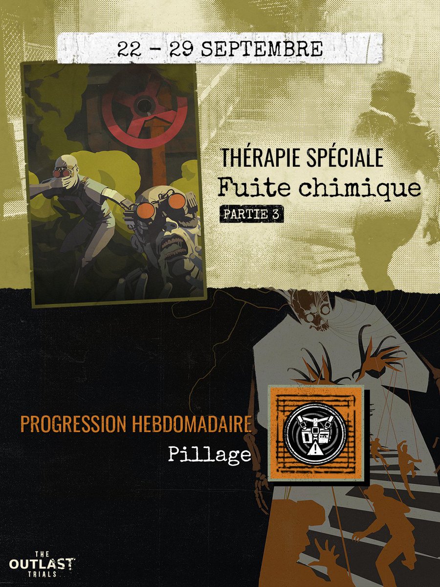 TheRedBarrels's tweet photo. Chemical Leak part 3 begins in #TheOutlastTrials ☣️ Try to Scavenge through an Escalation run this week and prove that you are better than your tools! You'll enter the Trials with nothing and salvage Unstable, single-use Rigs from fallen Reagents throughout.  
__________  

Partie 3 de la Fuite chimique commence dans #OutlastTrials ☣️ Essayez de piller au cours des épreuves d'Escalade cette semaine! Vous entrerez les mains vides et devrez récupérer des équipements instables à usage unique sur les corps des réactifs morts.