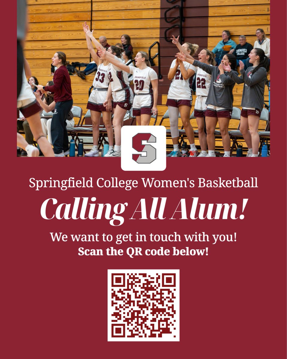 SCWBB's tweet photo. Calling all Springfield College Women’s Basketball alum! We want to hear from you! Scan the QR code or use the link below to stay connected with the Posse! 🏀🔻 https://t.co/FKRUsSkl36 https://t.co/oah1QRcM5q