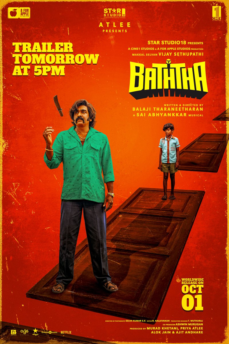 proyuvraaj's tweet photo. Make way, #Baththa is coming, #BaththaTrailer tomorrow at 5 PM 💥

Written & Directed by #BalajiTharaneetharan
A @SaiAbhyankkar musical

#BaththaFromOct1

Makkal Selvan @VijaySethuOffl @jose_lijomol @muthurajthangvl #SelvakumarSK @kalaivananoffl #ShruthiManjari @gopiprasannaa @e4echennai @agscinemas @AnnapurnaStdios #OveumInternational @archanakalpathi @aishkalpathi @malinavin
 
@Atlee_dir @MuradKhetani @priyaatlee #AlokJain @andhareajit #Ashwin @aksnash @Fitooriya @ShalRaj11 @mohanganasan @starstudio18_ @aforapple_offcl @Cine1Studios @proyuvraaj @thinkmusicindia @NetflixIndia @vijaytelevision