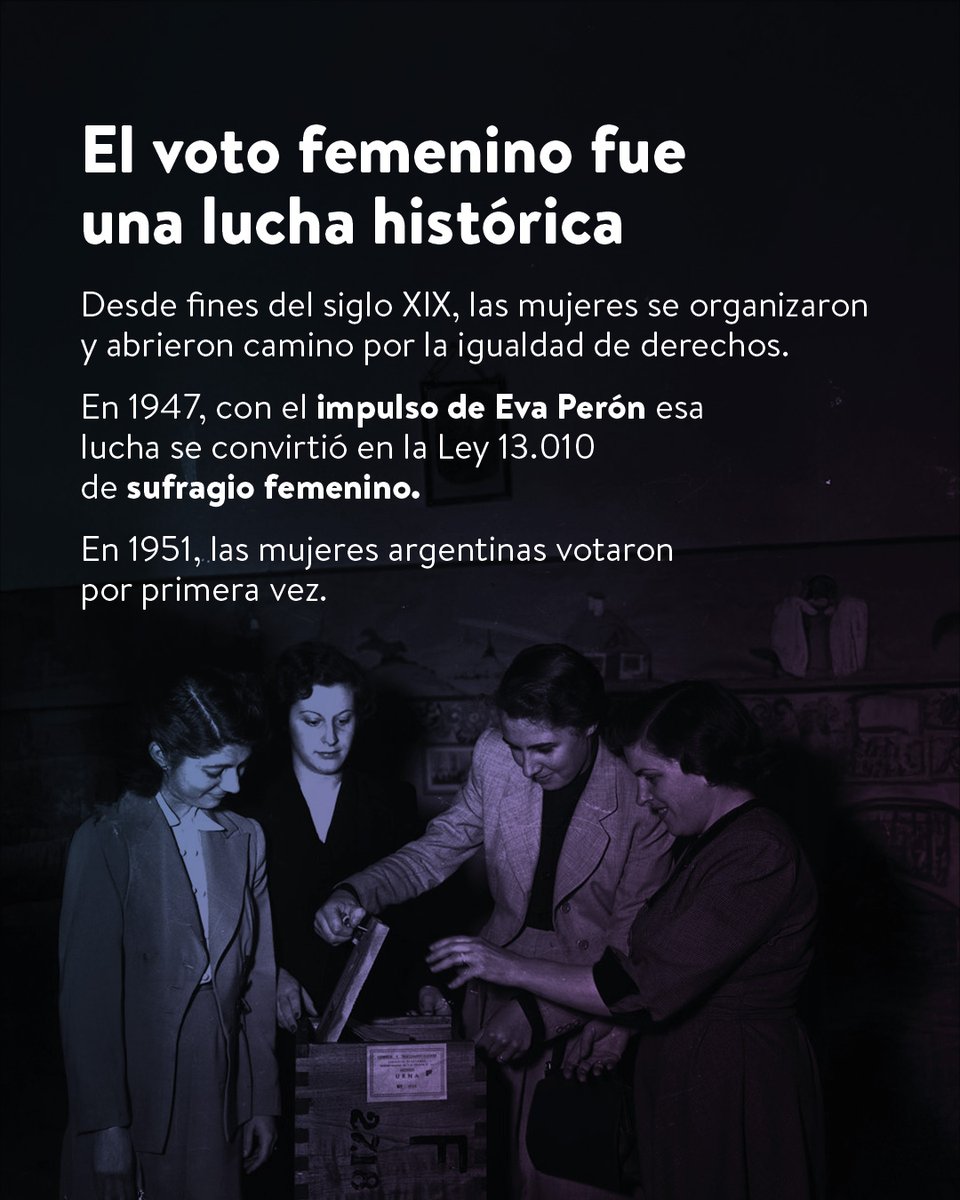 PJCbaCap's tweet photo. LA MUJER PUEDE Y DEBE VOTAR ✌🏽💜

Décadas de organización y lucha abrieron camino para que en 1947 la Ley 13.010 reconociera a las mujeres argentinas el derecho a elegir y ser elegidas.

Ese derecho comenzó a hacerse efectivo en 1951 cuando las mujeres participaron por primera vez de una elección nacional.

Con el impulso de #EvaPerón, una demanda histórica se convirtió en ley y la democracia argentina se amplió para siempre. 👏🏽