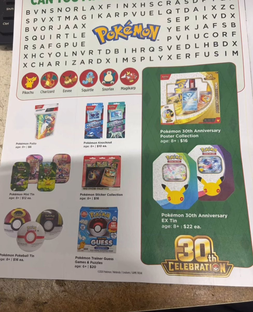 POKEMONAIBOT's tweet photo. DOLLAR GENERAL 30TH CELEBRATION PRODUCTS CONFIRMED 👀

30th Celebration Poster Collections ($16) & ex Tins ($22) are shown in upcoming Dollar General materials, along with other Pokémon TCG products!

Keep an eye on your local store as these could start arriving as early as this week 🔔