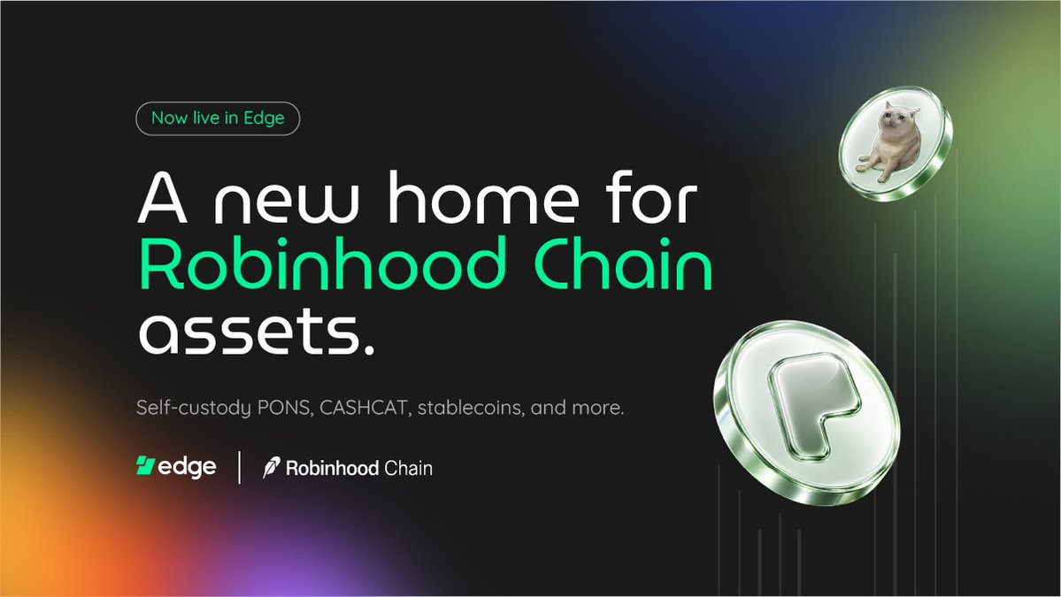 EdgeWallet's tweet photo. Robinhood Chain is now live in Edge. :bow_and_arrow:

• Hold PONS and CASHCAT in self-custody
• Send and receive onchain
• Trade directly in Edge
• Pay network fees with ETH

Learn how to get started at https://t.co/hb6I3vrwYx https://t.co/t59g4T920P