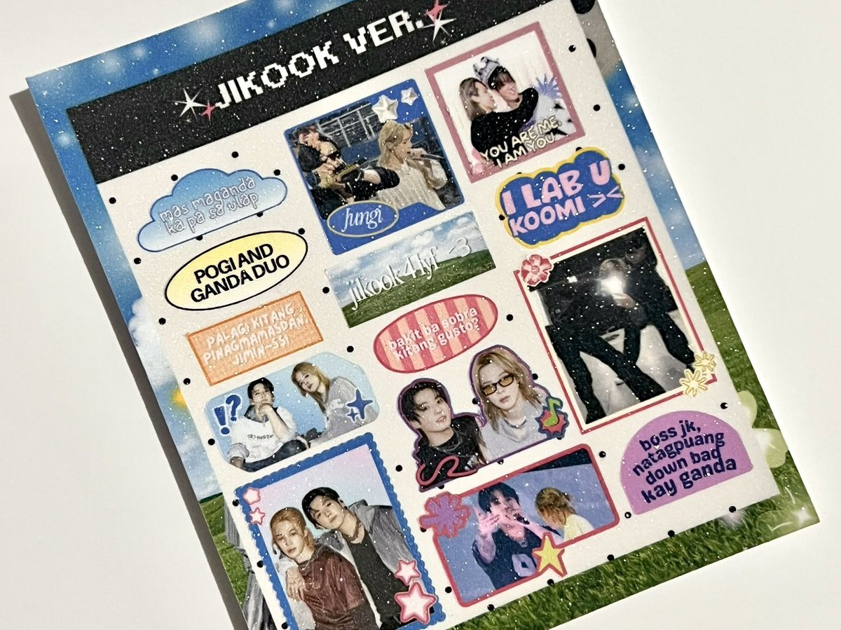 liwaykm's tweet photo. sticker sheets samples ! 🥹💗 

note: jikook n ganda ver are glitters, pogi ver is matte :,) 

✮ order here  : https://t.co/kv4xaE7m3y https://t.co/N0nfcxQvQt