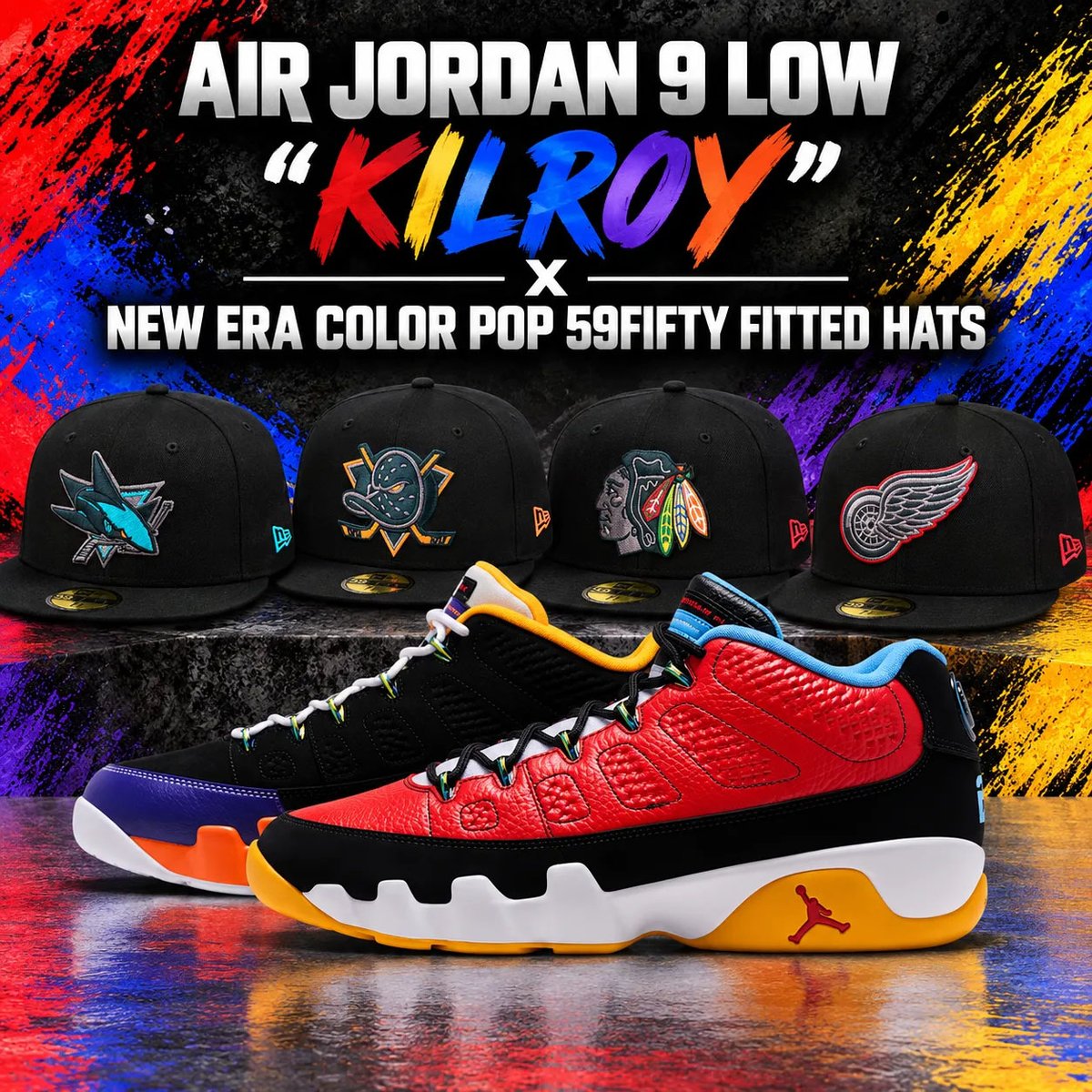SneakerFitsCom's tweet photo. Looking for a fitted hat to match the Air Jordan 9 Low “What the Kilroy”?

New Era Color Pop 59FIFTY Fitted Hats offer several team color options that coordinate with the sneaker’s mix of red, black, blue, yellow and other accents.

See the matching hats:
https://t.co/GsOW8v2Xc2

#AirJordan9 #NewEra