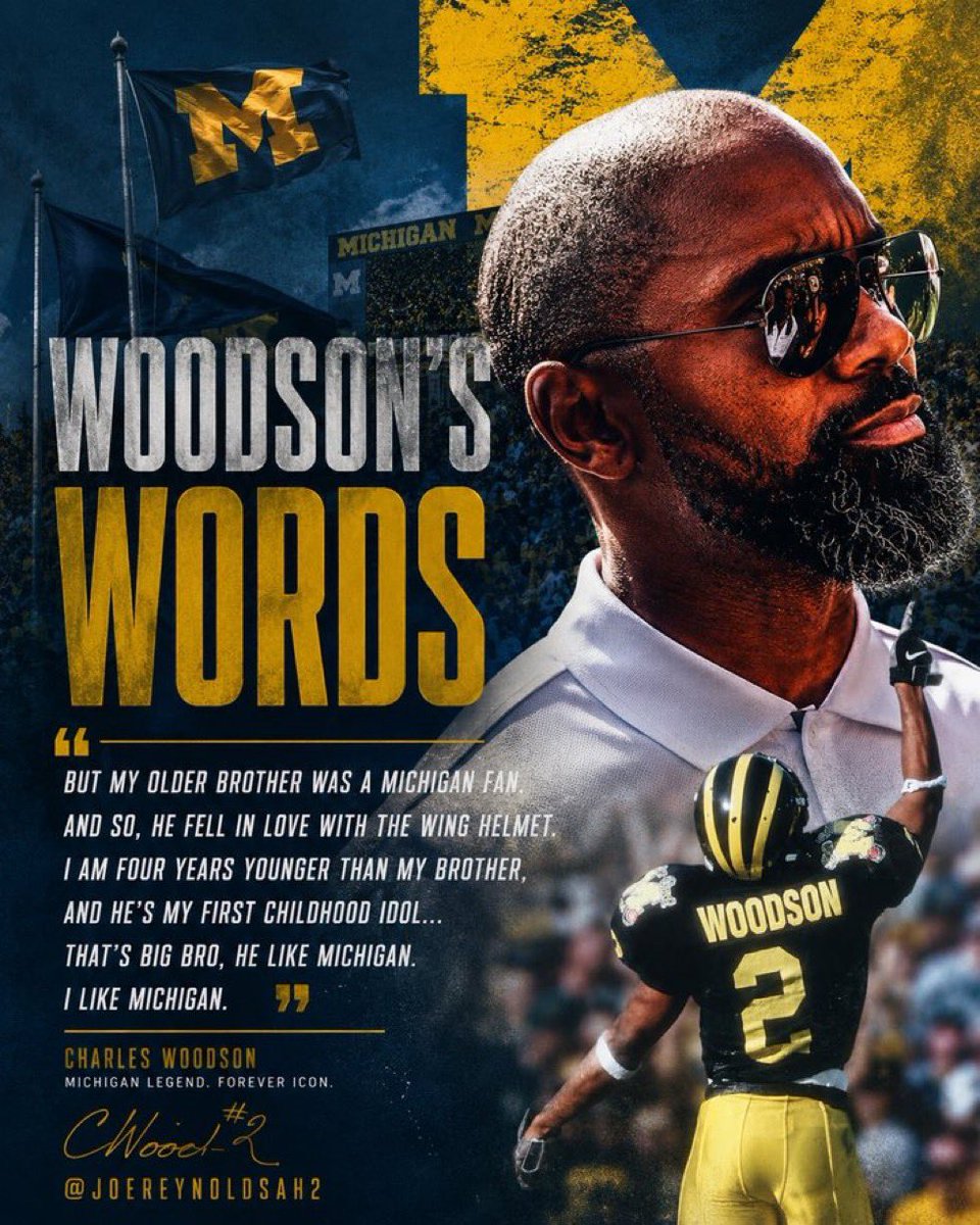 JoeReynoldsAH2's tweet photo. Woodson’s words… 

   “But my older brother was a Michigan fan, and so, he fell in love with the winged helmet. I am four years younger than my brother, and he’s my childhood idol… That’s big bro, He like Michigan. I like Michigan!”

                      - Charles Woodson 〽️
#GoBlue