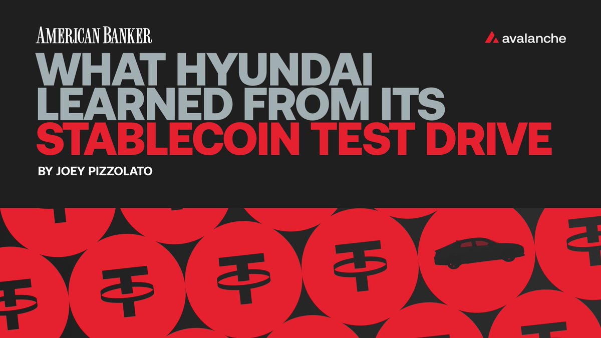 avax's tweet photo. Hyundai is testing blockchain infrastructure to accelerate development and improve payment processing time. Hyundai Card’s stablecoin pilot on Avalanche saw transfer time reduced by over 96%.

Now the company is exploring how these faster transfers, even after banking hours, can reduce idle liquidity and make their working capital go further.

American Banker reports on the pilot.